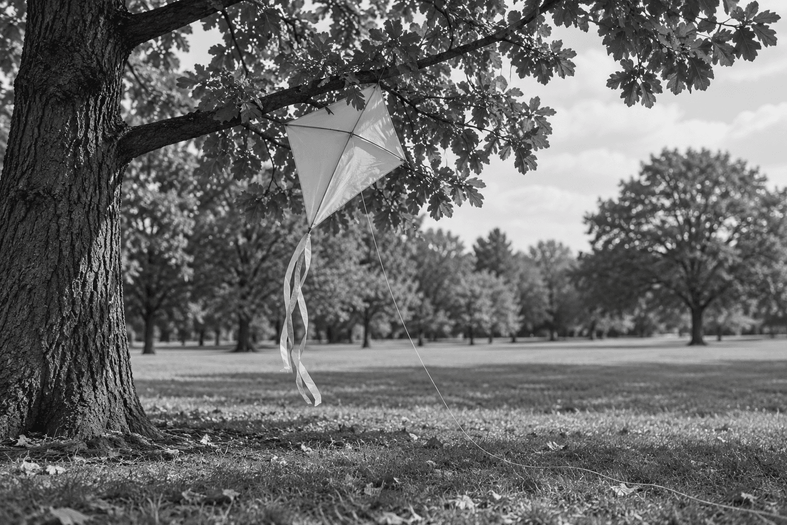 A black-and-white image of a diamond-shaped kite caught against a leafy tree branch in a grassy park. Ribbon tails hang below the kite, and a thin line curves down onto the grass. More trees stand in the background. No people or words appear.